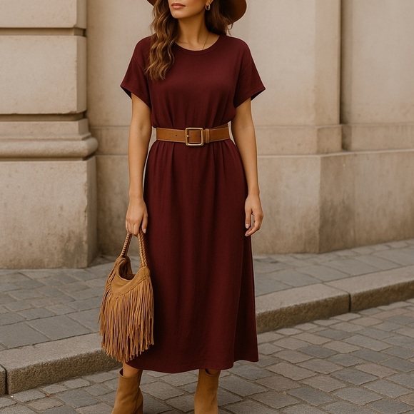 Zara Dresses & Skirts - Zara Burgundy Maxi T-Shirt Dress | Relaxed Oversized Fit | Size Small